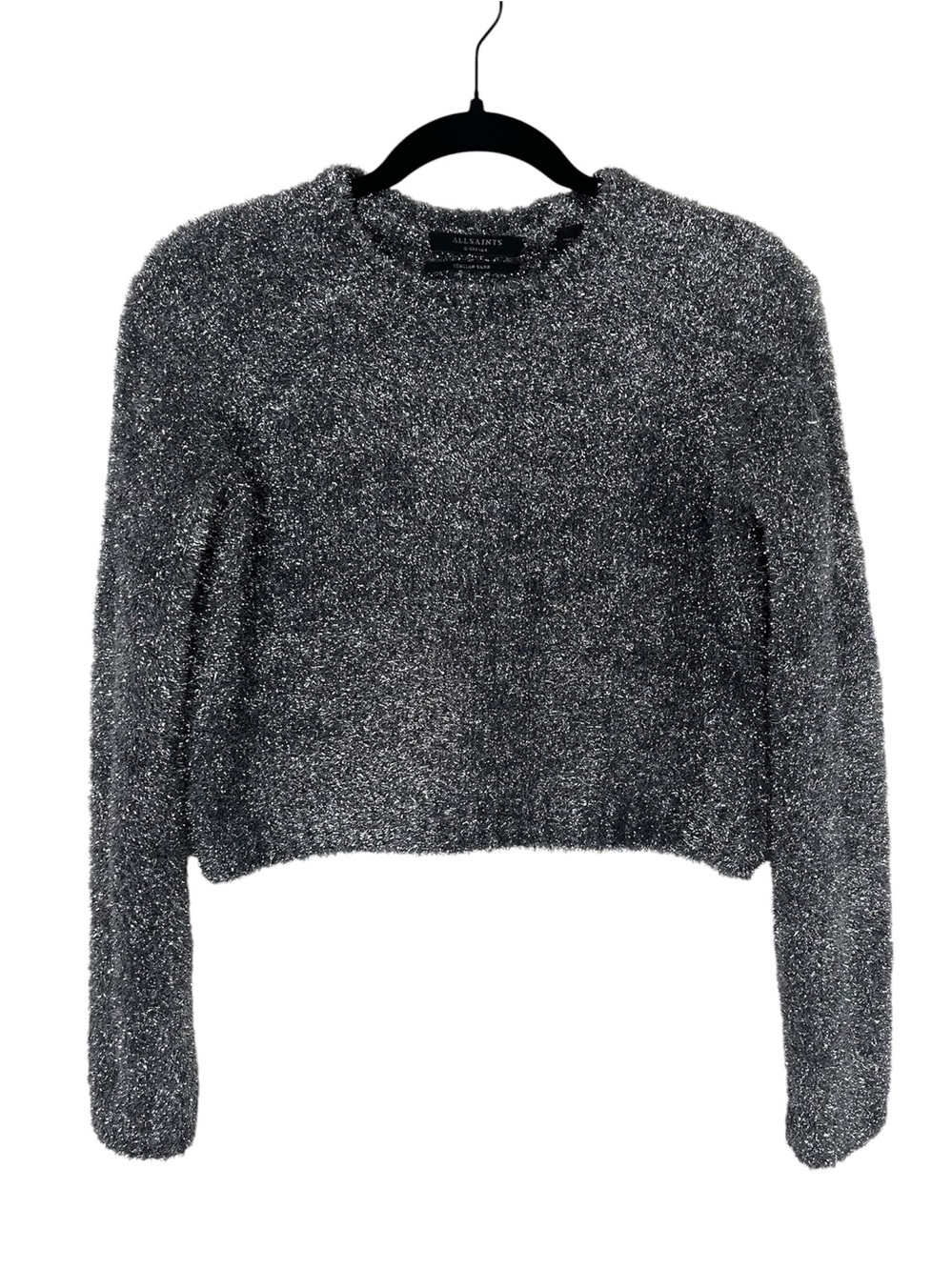 AllSaints Rosetta Tinsel Metallic Cropped Sweater Silver XS